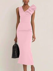 Work Semi-Formal Dress Green Sleeveless Ruffle Fitted Midi Dress