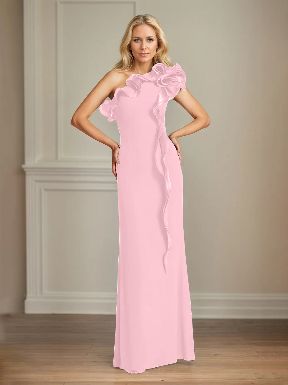 Column One Shoulder Floor Length Mother of the Bride Dresses With Ruffles