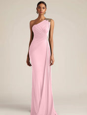 Formal Evening Dress Green One-Shoulder Ruched Floor-Length Dress