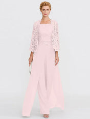 3 Piece Chiffon Square Neck Mother of the Bride Pantsuits with Jacket