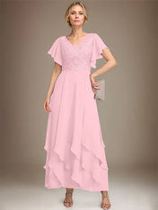 A-line V-Neck Ankle-Length Lace Chiffon Mother of the Bride Dress With Cascading Ruffles