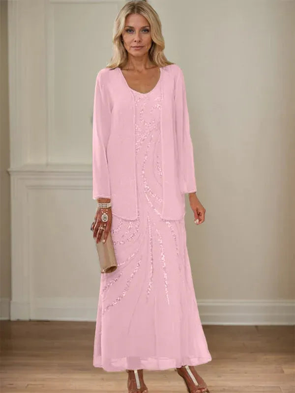 Robe de mère de la mariée fourreau/colonne, col en V, longueur cheville, avec veste et paillettes 