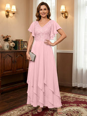 A-line V-Neck Ankle-Length Lace Chiffon Mother of the Bride Dress With Cascading Ruffles