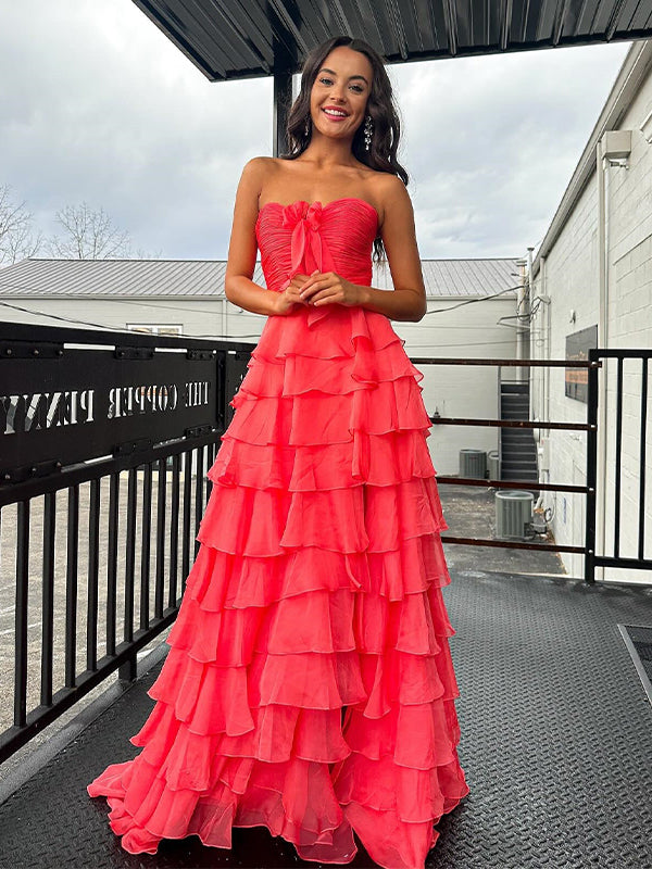Dreamylily Women Fuchsia A-Line Sweetheart Chiffon Tiered Long Prom Dress  with Slit