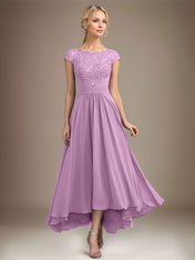 A-line Scoop Illusion Asymmetrical Lace Chiffon Mother of the Bride Dress With Pleated