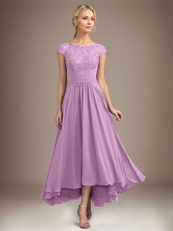 A-line Scoop Illusion Asymmetrical Lace Chiffon Mother of the Bride Dress With Pleated