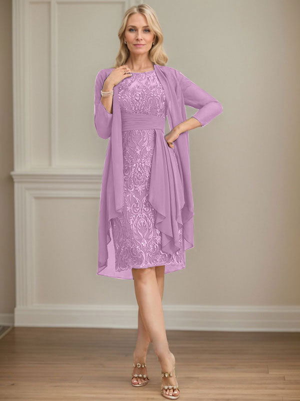 Column Scoop Illusion Knee-Length Lace Chiffon Mother of the Bride Dress With Cascading Ruffles Sequins