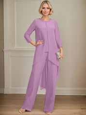 Separates Jumpsuit/Pantsuit Scoop Floor-Length Chiffon Mother of the Bride Dress With Sequins Beading