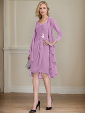 Sheath/Column Sweetheart Knee-Length Chiffon Mother of the Bride Dress With Beading Appliques Lace Sequins Pleated