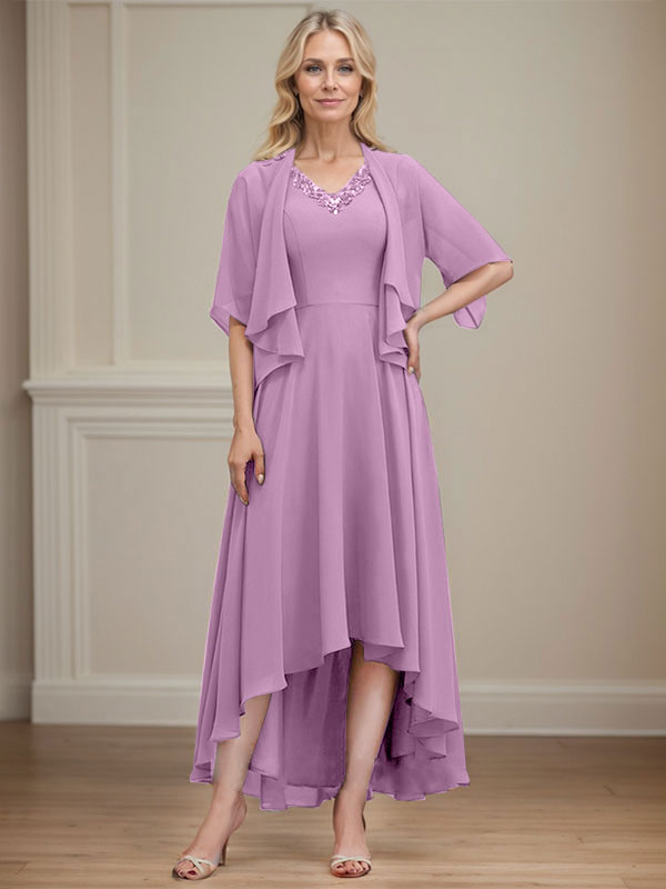 A-line V-Neck Asymmetrical Chiffon Mother of the Bride Dress With Beading Sequins