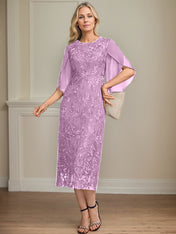Sheath/Column Scoop Tea-Length Lace Chiffon Mother of the Bride Dress