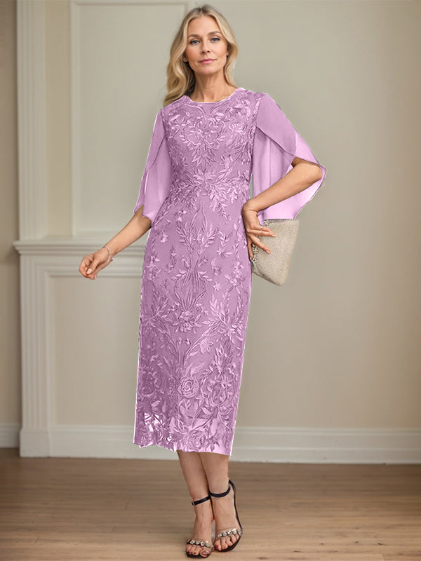 Column Scoop Tea-Length Lace Chiffon Mother of the Bride Dress