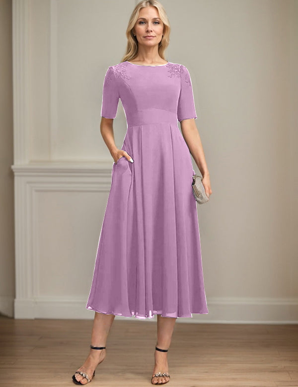 A-line Scoop Tea-Length Chiffon Mother of the Bride Dress With Appliques Lace Sequins