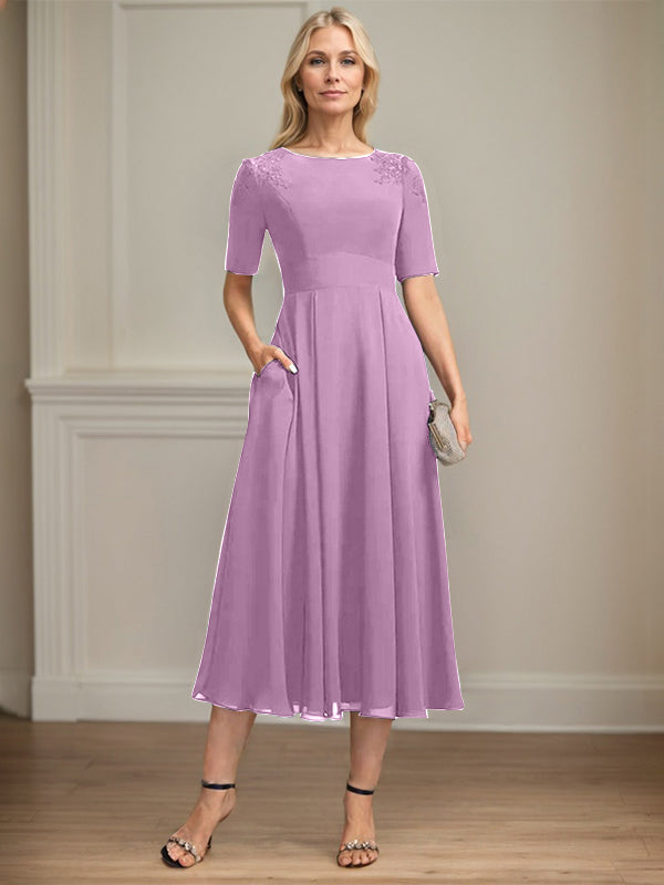 A-line Scoop Tea-Length Chiffon Mother of the Bride Dress With Appliques Lace Sequins