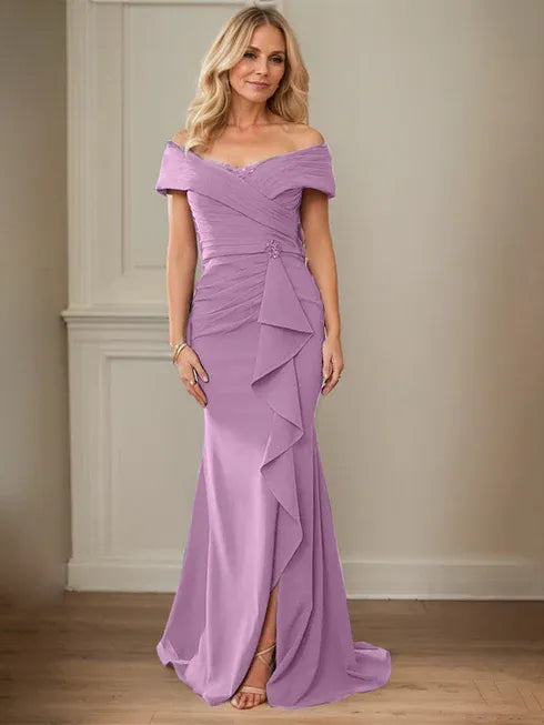 Column V-Neck Illusion Floor-Length Lace Chiffon Mother of the Bride Dress With Pleated Sequins
