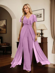 Jumpsuit/Pantsuit V-Neck Floor-Length Chiffon Evening Dress