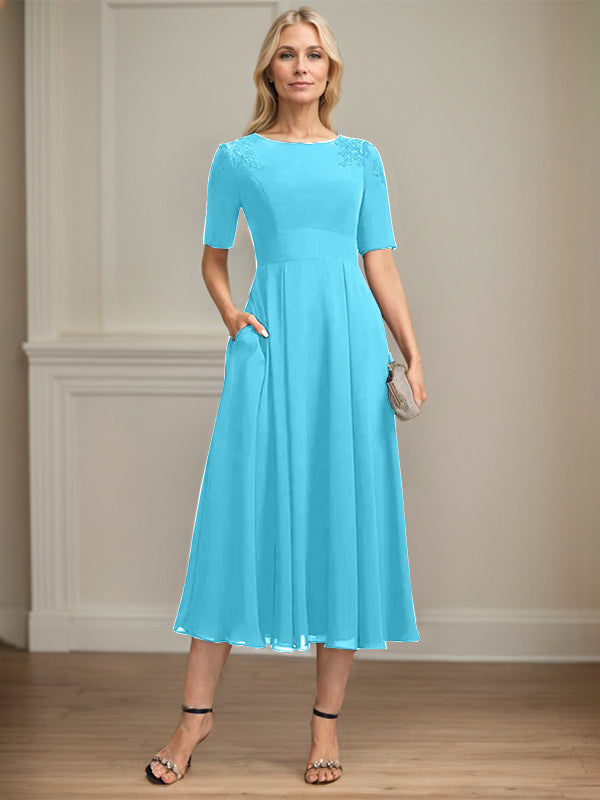 A-line Scoop Tea-Length Chiffon Mother of the Bride Dress With Appliques Lace Sequins