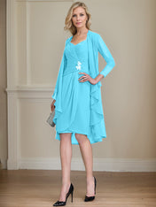 Sheath/Column Sweetheart Knee-Length Chiffon Mother of the Bride Dress With Beading Appliques Lace Sequins Pleated