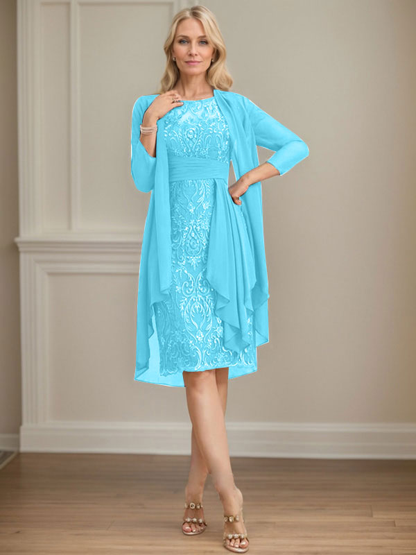 Column Scoop Illusion Knee-Length Lace Chiffon Mother of the Bride Dress With Cascading Ruffles Sequins