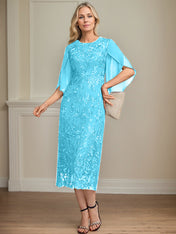 Sheath/Column Scoop Tea-Length Lace Chiffon Mother of the Bride Dress