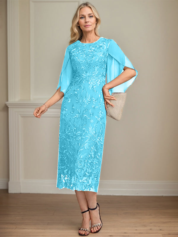 Column Scoop Tea-Length Lace Chiffon Mother of the Bride Dress