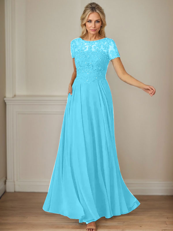 Dark Navy A-Line Boatneck Sequins Chiffon Dress