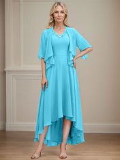 A-line V-Neck Asymmetrical Chiffon Mother of the Bride Dress With Beading Sequins