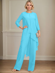 Separates Jumpsuit/Pantsuit Scoop Floor-Length Chiffon Mother of the Bride Dress With Sequins Beading