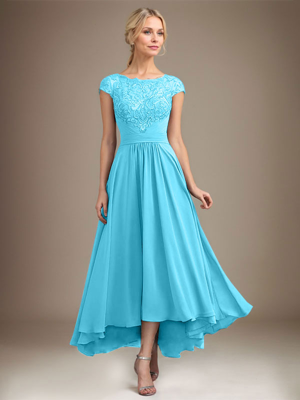 A-line Scoop Illusion Asymmetrical Lace Chiffon Mother of the Bride Dress With Pleated