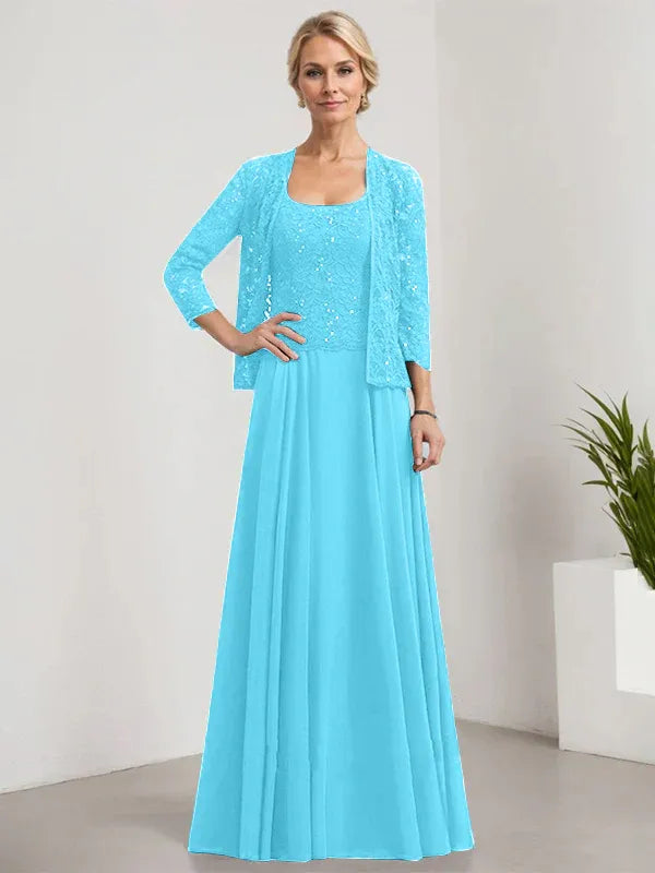 Robe de mère de la mariée trapèze carrée, longueur au sol, en mousseline de soie et dentelle, avec paillettes 
