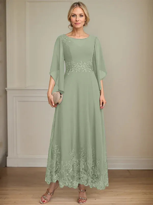 Robe de mère de la mariée trapèze en mousseline de soie et dentelle, longueur cheville, décolleté en V, illusion, avec paillettes 