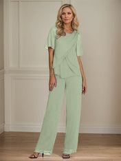 2 Piece Jumpsuit / Pantsuit Crew Neck Floor Length Chiffon Mother of the Bride Dress