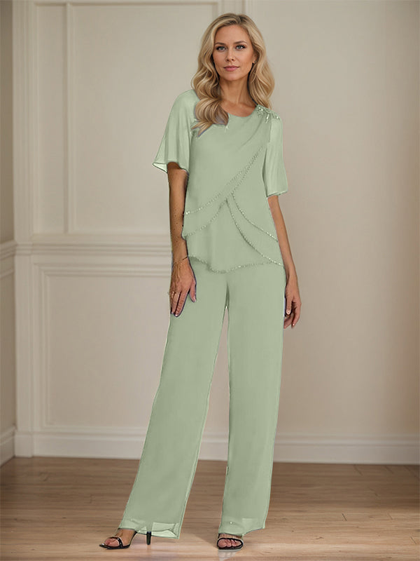  Pantsuit Crew Neck Floor Length Chiffon Mother of the Bride Dress