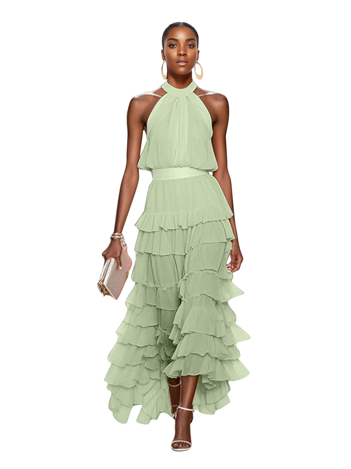 A Line Pink Chiffon Halter Neck Sleeveless Ankle Length Dress With Cascading Ruffles