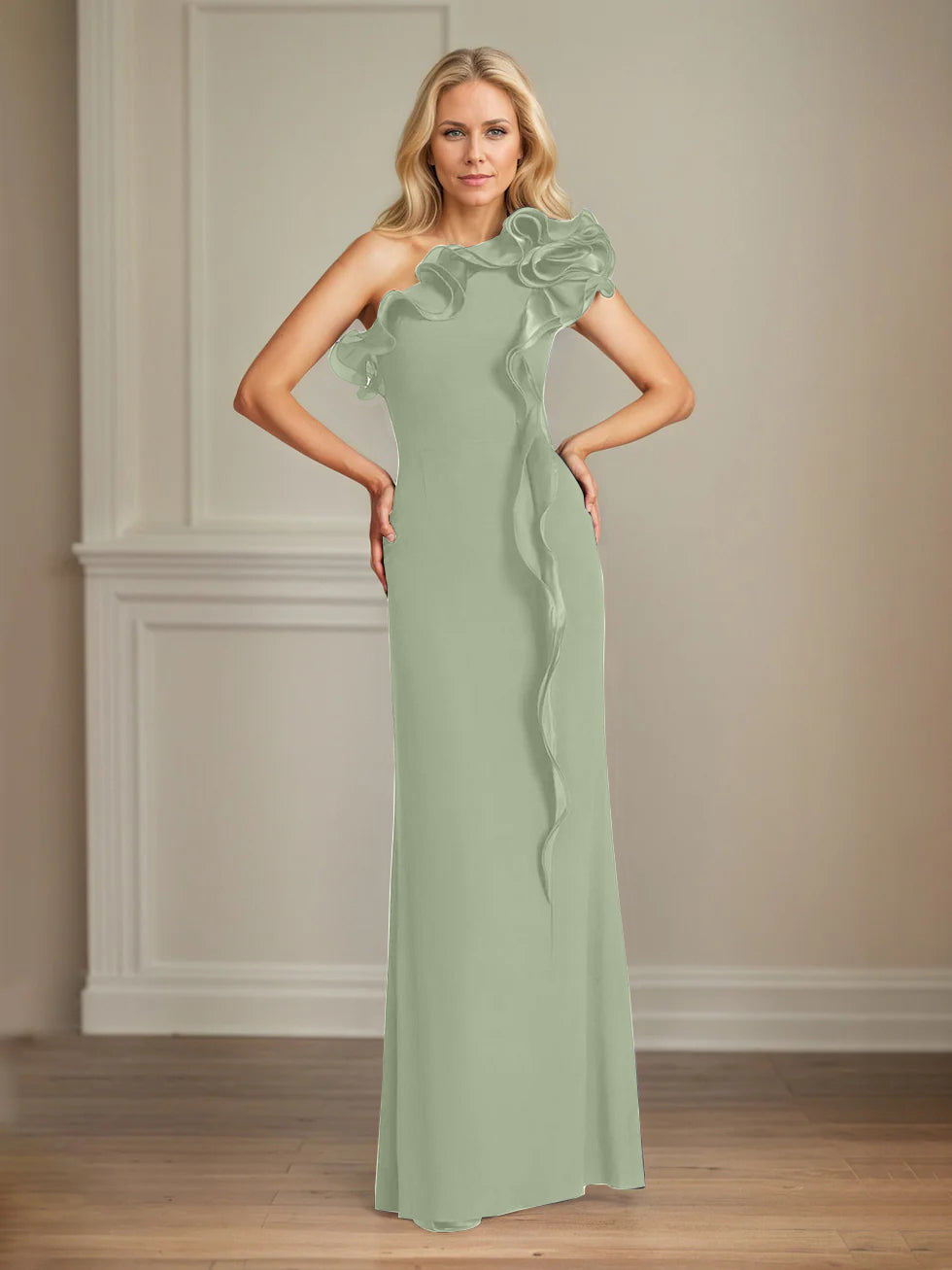 Column One Shoulder Floor Length Mother of the Bride Dresses With Ruffles