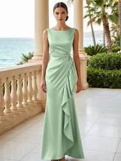 Dusty Blue Scoop Neck Evening Dress with Ruffle Mermaid Maxi Dress