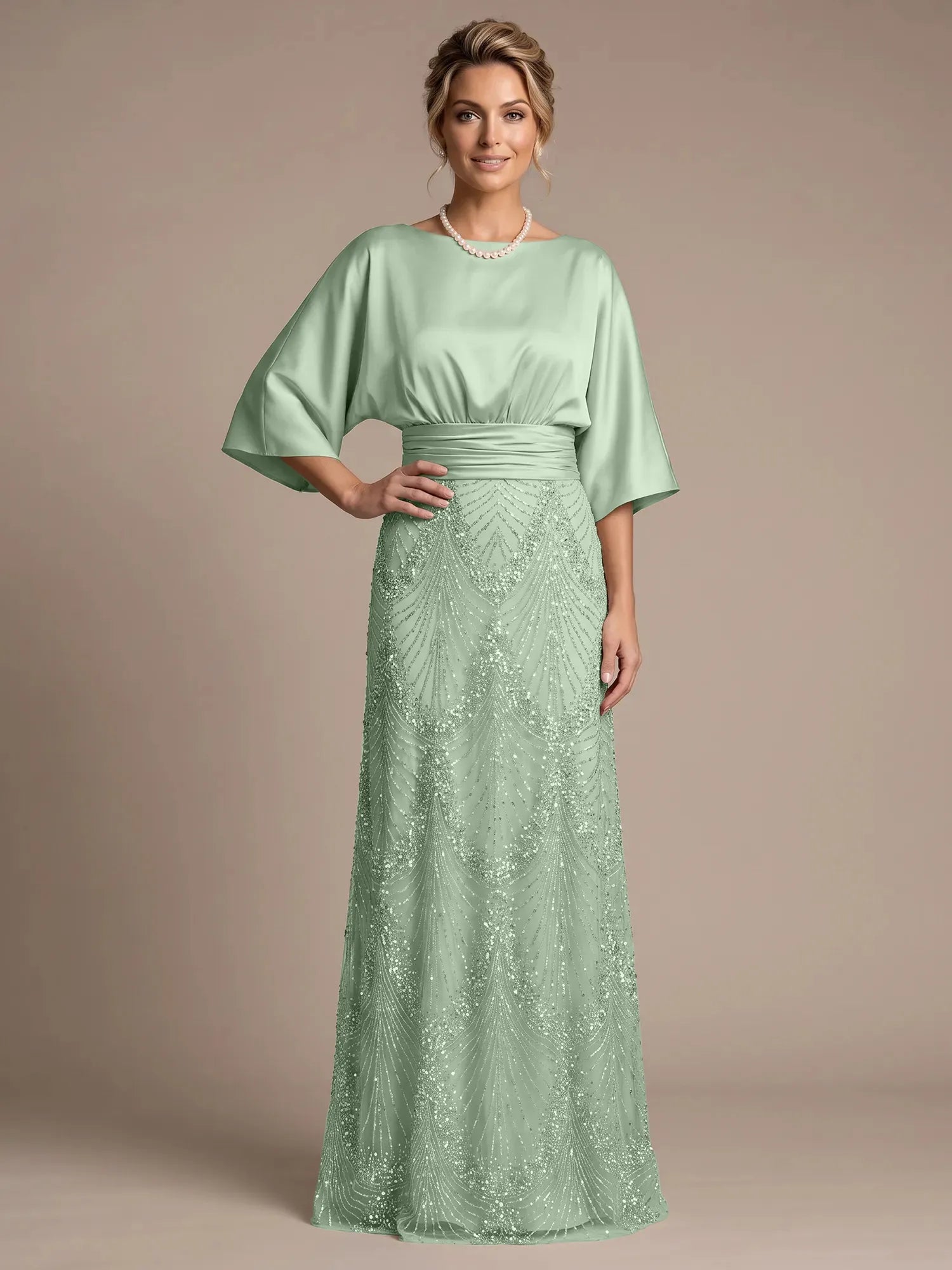 Bateau Neck Satin Evening Gown with 3/4 Batwing Sleeves Mother of The Bride Dresses