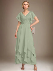 A-line V-Neck Ankle-Length Lace Chiffon Mother of the Bride Dress With Cascading Ruffles