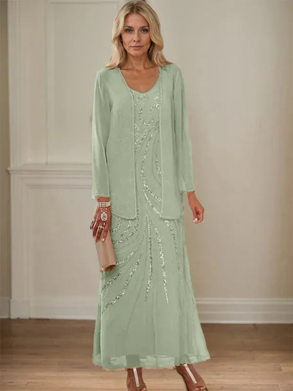 Column V-Neck Ankle-Length Mother of the Bride Dresses with Jacket & Sequins