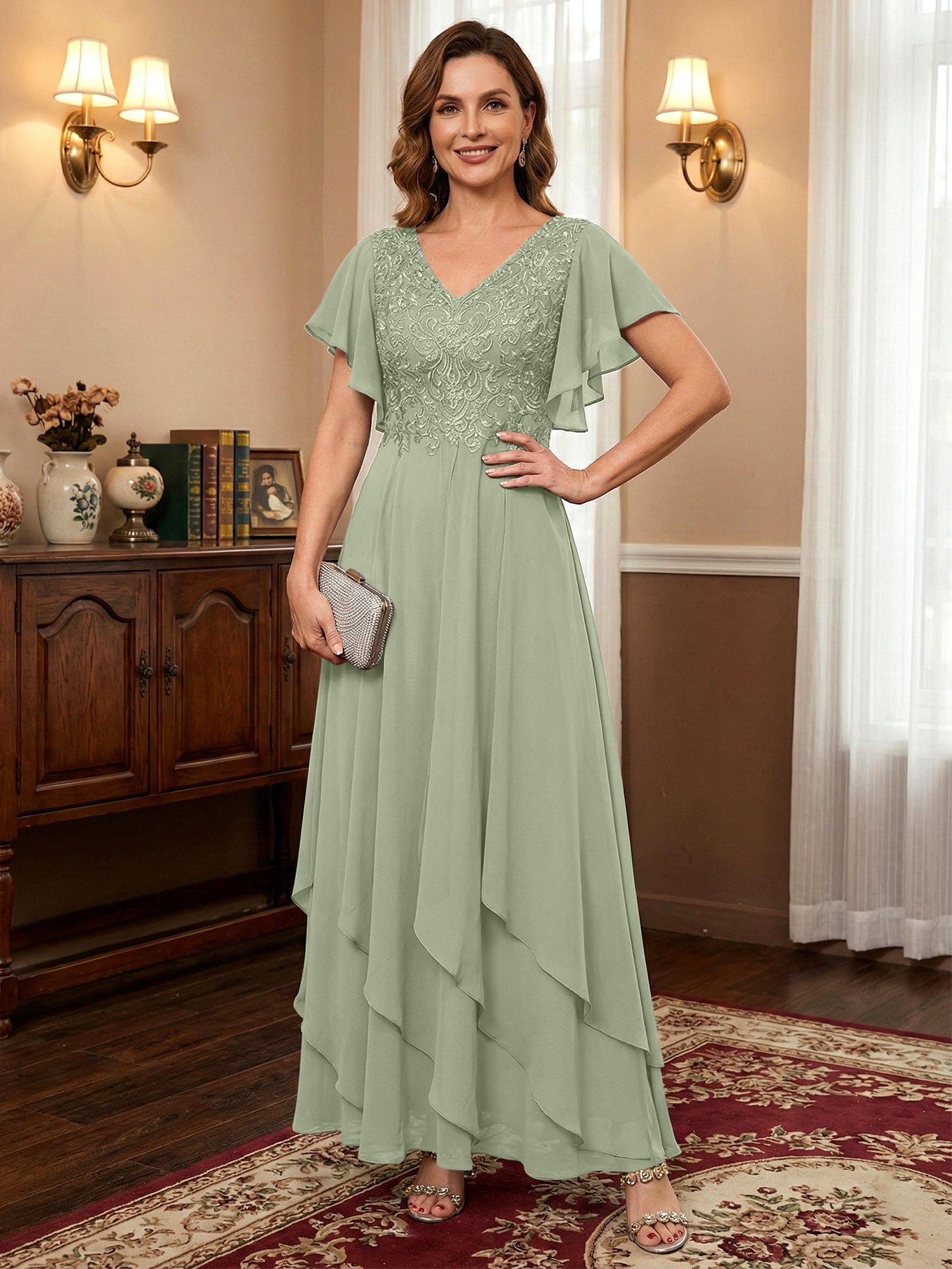 A-line V-Neck Ankle-Length Lace Chiffon Mother of the Bride Dress With Cascading Ruffles