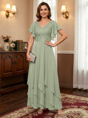 A-line V-Neck Ankle-Length Lace Chiffon Mother of the Bride Dress With Cascading Ruffles