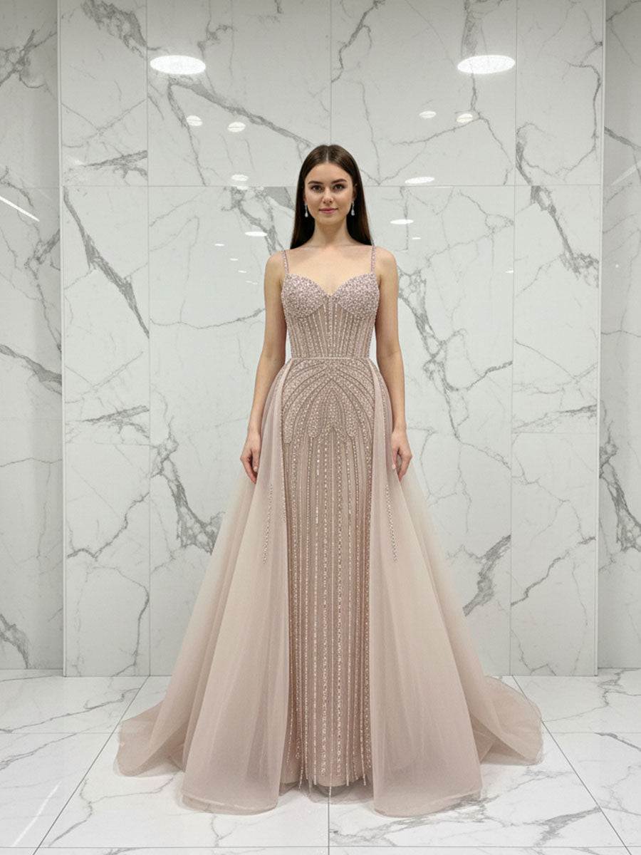 Celestial Silver Beaded Illusion Prom Dress with Overskirt