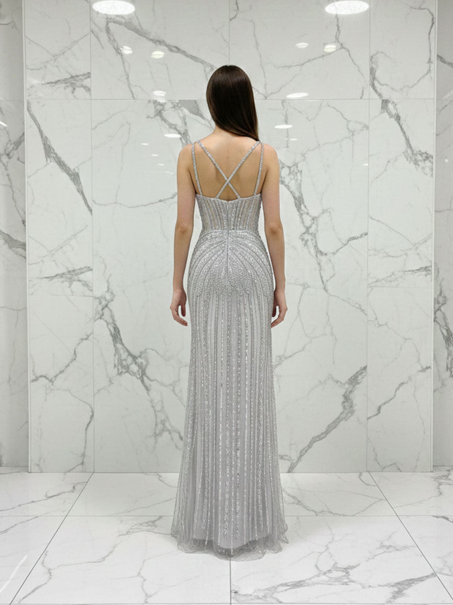 Celestial Silver Beaded Illusion Prom Dress with Overskirt