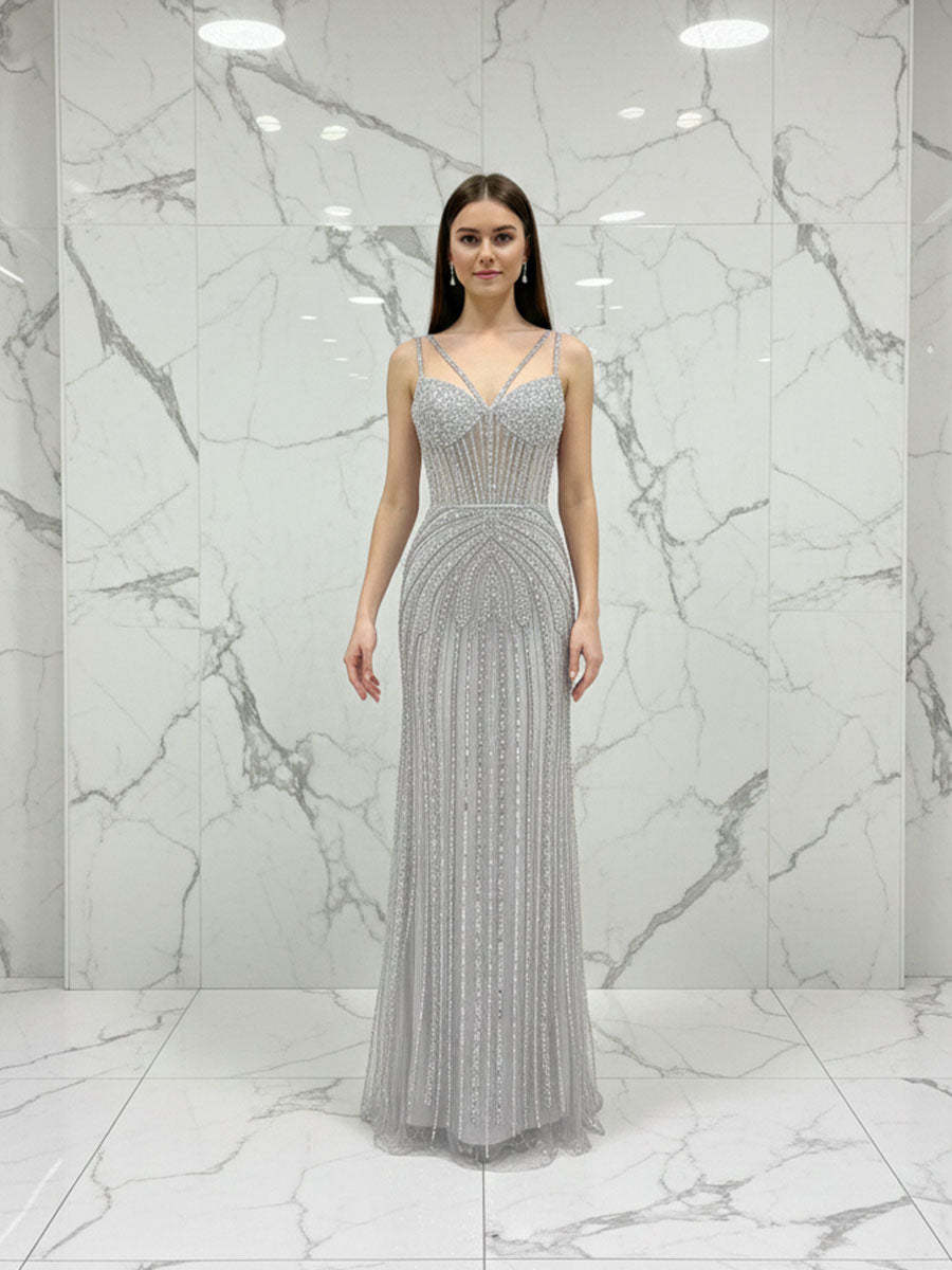 Celestial Silver Beaded Illusion Prom Dress with Overskirt