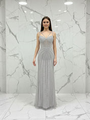 Celestial Silver Beaded Illusion Prom Dress with Overskirt