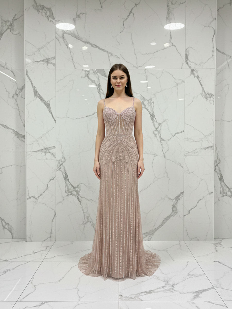 Celestial Silver Beaded Illusion Prom Dress with Overskirt