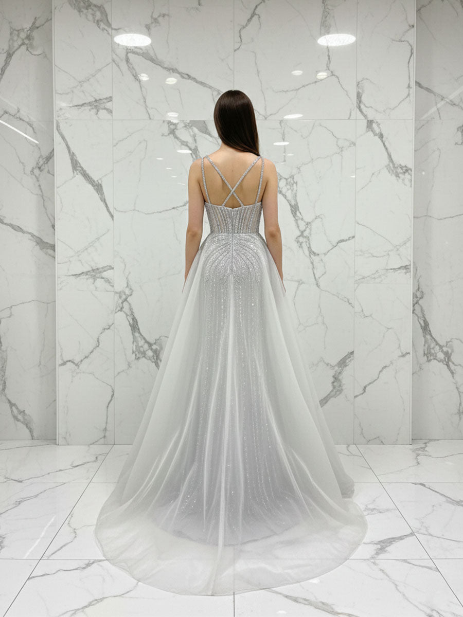 Celestial Silver Beaded Illusion Prom Dress with Overskirt