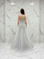 Celestial Silver Beaded Illusion Prom Dress with Overskirt