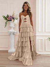 A Line Strapless Sweetheart Satin Prom Dress with Keyhole