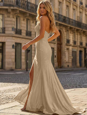 Yellow Beaded Halter Corset Prom Dress with High Slit